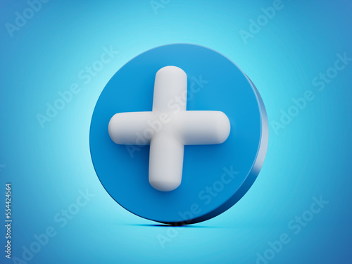 White Plus Icon on blue circle 3d illustration