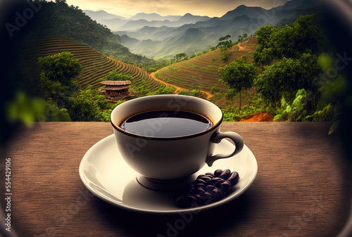 espresso cup. Plantation of coffee. Beans of coffee backdrop Landscape of the coffee region. Vietnam's Dalat. Generative AI