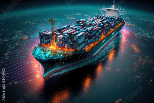 technology for communication in online business Cyber. An aerial picture of a cargo ship carrying containers for export and import is shown on a global world. Service for Freight Forwarding