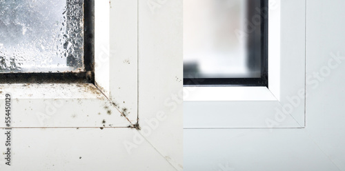 Comparative Before and after clean window condensation with black mold dirty window frame in winter from inside the house. 