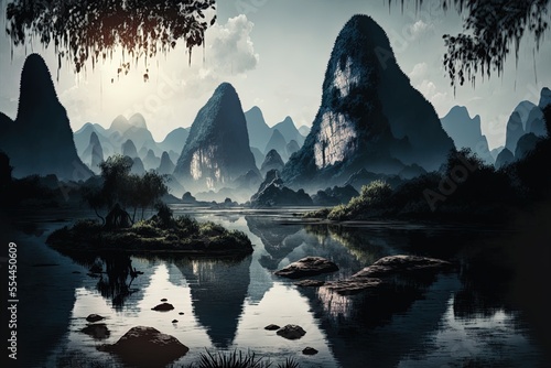 Yangshuo, Guilin, China, is home to some stunning Karst mountains. Generative AI