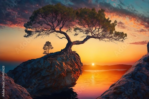 amazing tree on the cliff at sundown Generative AI