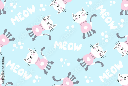 Abstract seamless childish pattern. Girlish repeated backdrop on white background with text meow and cats. Cute funny kitty style Cartoon wallpaper for girls, textile, wrapping paper.
