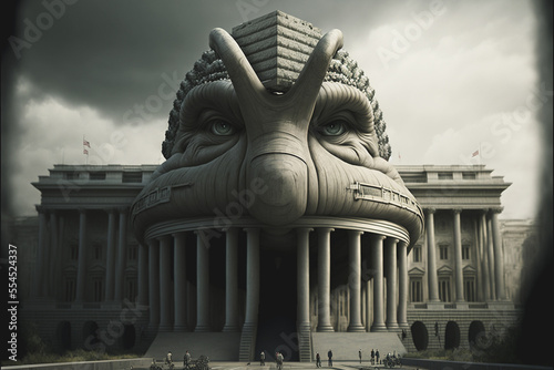 Government capitol building with evil looking face in the design representing big brother with government overreach. Created with generative AI.