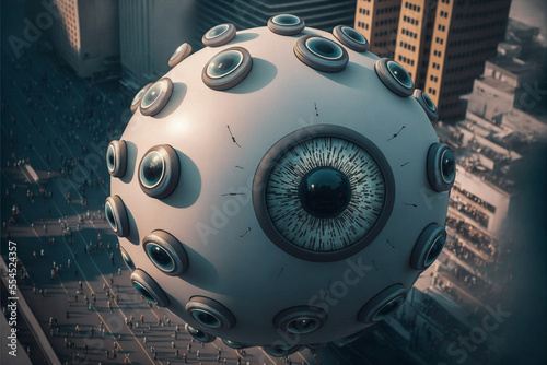 Floating cameras in the shape of giant eyeballs spying on people in large city. Big brother is watching in surveillance. Created with generative AI