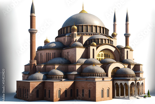 Isolated against a white background is the Hagia Sophia. In Istanbul, Turkey, it was formerly a Greek Orthodox Christian patriarchal cathedral that subsequently served as an imperial mosque before bec