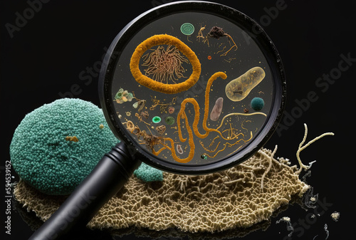 microscope examination of nematodes and fungus in relation to microorganisms and soil biology. in a sample of soil and compost. Generative AI