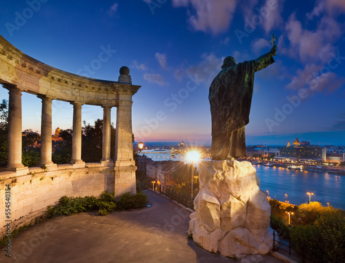 Budapest night view. The Monument to Bishop Gellert (was erected in 1904 and designed by sculptor Gyula Jankovits).