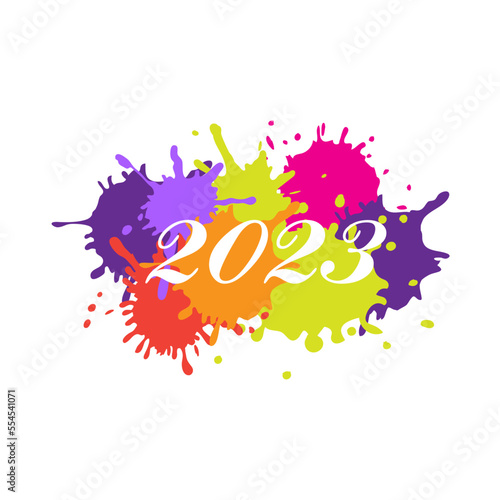 Vector of new year 2023 with cursive letters, on a background of paint splashed in analogous colors.