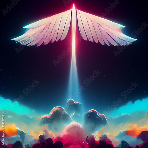 Angel flying, abstract bird in the sky, futuristic illustration