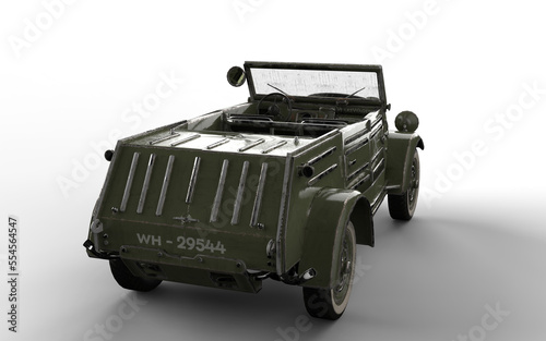 military car with a spare tire in front on a white background