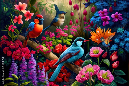  a painting of birds sitting on a branch surrounded by flowers and plants in a garden of flowers and plants.