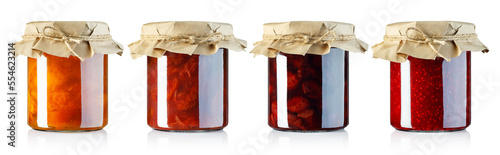 collection of jam in glass jars covered with craft paper isolated on white
