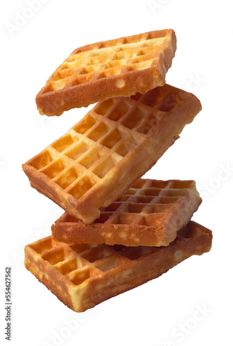 Pile of four waffles flying on a trasparent background, vertical ratio