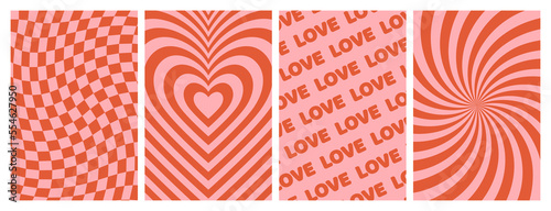 Groovy lovely backgrounds. Love concept. Happy Valentines day greeting card. Funky pattern and texture in trendy retro 60s 70s cartoon style. Vector illustration in pink red colors.