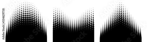 Set of halftone dots curved gradient pattern texture background. Curve dotted spots using halftone circle dot raster texture. Vector emblem. Logo half tone collection. Sale banners.