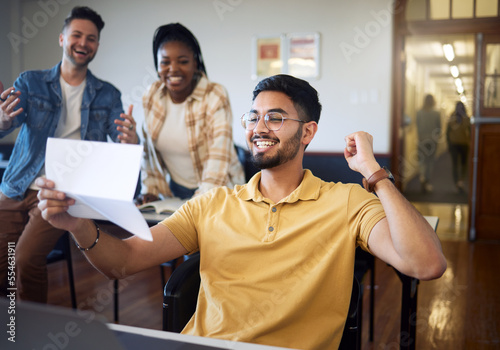 Success, celebration and students with results after exam in university. Goal achievement, education scholarship and group of people happy with friend with paper passing test and celebrating victory.