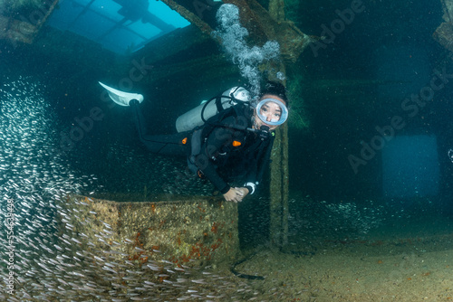 scuba diver over a wreck in the Sea of Cortez