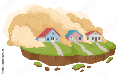 Cartoon landslide, natural disaster. Mountain avalanche, dust clouds with stones extreme cataclysm disaster flat vector illustration on white background