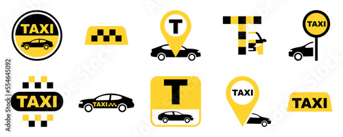 Set of taxi service vector signs. Yellow-black taxi icon. Vector 10 Eps.