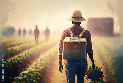 Male field worker at strawberry farm wearing straw hat and carrying box for picking, strolling in morning haze with other employees. Generative AI