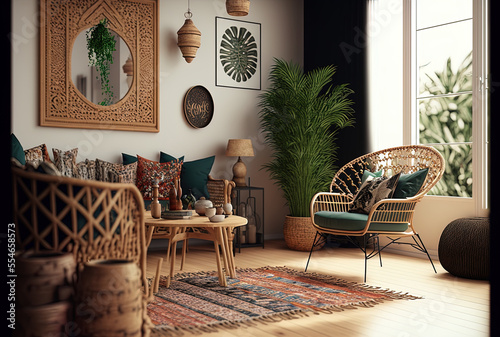 a cozy living room with a boho ethnic interior design. Apartment with rattan furniture, bamboo coffee table, carpet on hardwood floor, and armchair with cushions. Generative AI