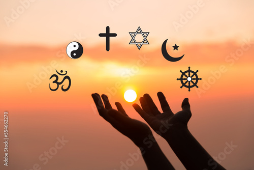 Religious symbols. Christianity cross, Islam crescent, Buddhism dharma wheel, Hinduism aum, Judaism David star, Taoism yin yang, world religion concept. Prophets of all religions bring peace to world.