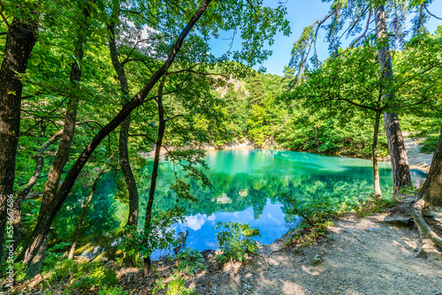 Blue Lake in Baia Sprie, Maramures, Romania; blue green lake surrounded by green trees in the forest