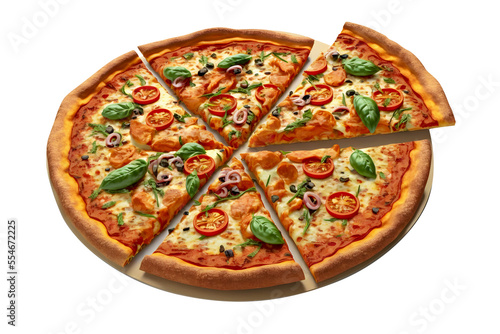 Isolated pizza with cheese and basil on a transparent background. Pizza illustration.