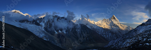 Panoramic view of the Mt. Machapuchare before sunset near Annapurna base camp. Himalaya mountains, Nepal.