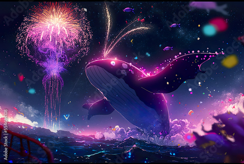Cosmic whale celebrates New Year, cosmic whale with pink and blue fireworks, spiritual new year, colorful happy new year, fantasy, animé-style, illustration, digital