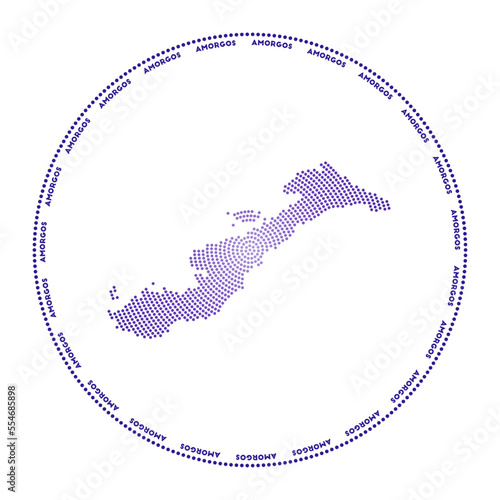 Amorgos round logo. Digital style shape of Amorgos in dotted circle with island name. Tech icon of the island with gradiented dots. Authentic vector illustration.