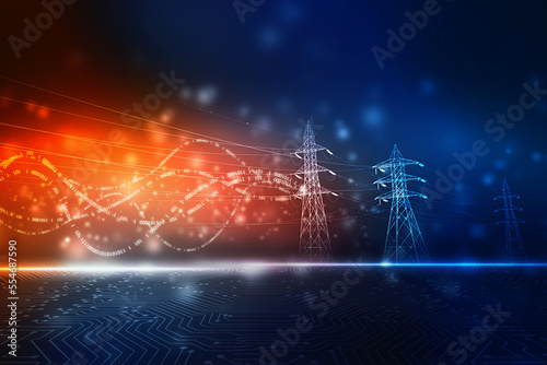 High power electricity poles on technology abstract background. Energy supply, distribution of energy, transmitting energy, energy transmission, high voltage supply concept