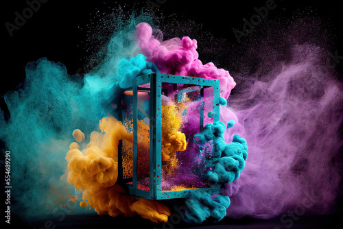 Colourful Holi powder explosions inside of a cage. Concept of idea in a cage