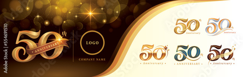 Set of 50th Anniversary logotype design, Fifty years anniversary celebration Logo, Golden Luxury and Retro Serif Number 50 Letters