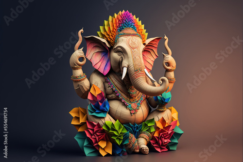 Origami of Indian God Ganesh in colorful flowers craft. Generative AI