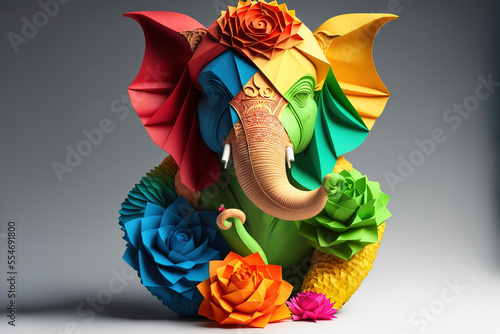 Origami of Indian God Ganesh in colorful flowers craft. Generative AI