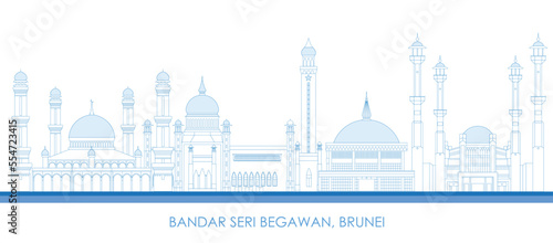Outline Skyline panorama of city of Bandar Seri Begawan, Brunei - vector illustration