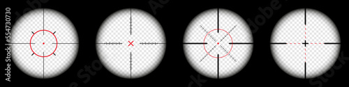 Weapon sights, sniper rifle optical scope on black background. Hunting gun viewfinder with crosshair. Aim, shooting mark symbol. Military target sign, silhouette. Game UI element. Vector illustration