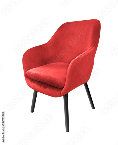 Red color plush chair isolated. A designer interior object ona transparent background.