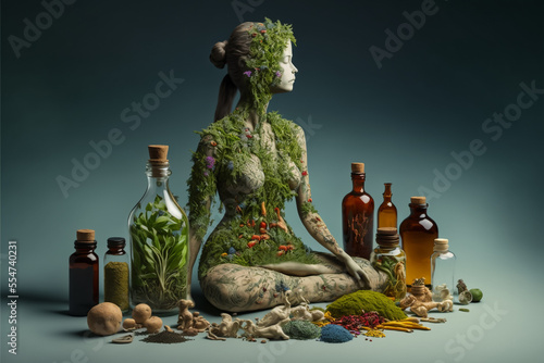 Natural herbal medicine, composition. Treatment with herbs. Herbs for weight loss, concept (Generative AI)