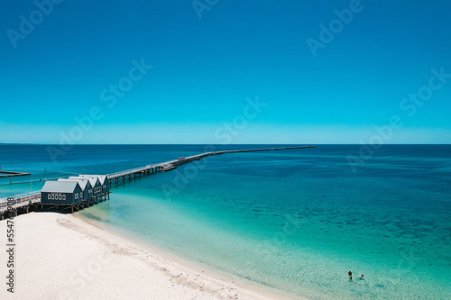 The turquoise Indian Ocean of the Western Australian coastline with the Busselton Jetty.