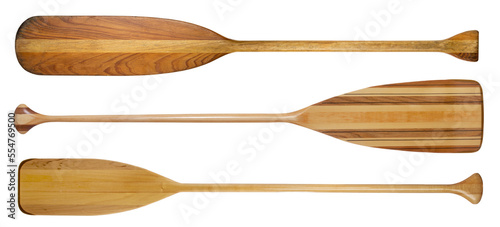 three traditional wooden canoe paddles with different shape of blades, transparent background