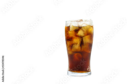 Cola in glass with ice on transparent background.