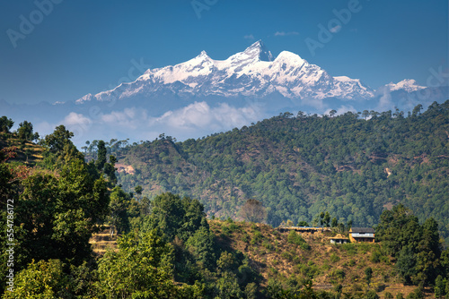 Beautiful mountain Mt. Manaslu 8,163 metres and village house on the hill of Nepal, Photo captured from Dhading