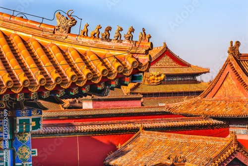 Roof Figurines Yellow Roofs Forbidden City Palace Beijing China
