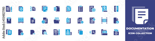 Documentation icon collection. Vector illustration. Containing document, smart contracts, file, delete file, task, google docs, documents folder, delete document, exam, agreement, copy, and more.