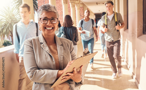 Education clipboard, students and portrait of teacher happy on college campus for coaching, teaching and learning. Knowledge study, high school principal or university professor with daily checklist