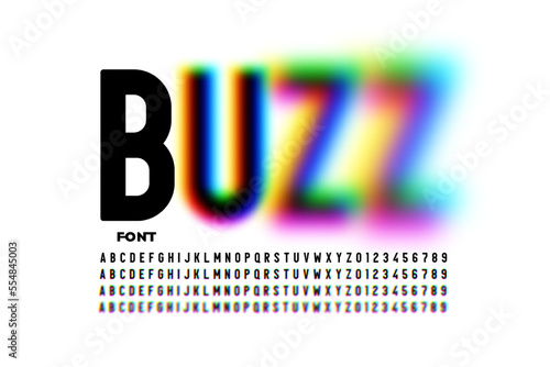 Buzz font, blurry style alphabet, letters and numbers vector illustration