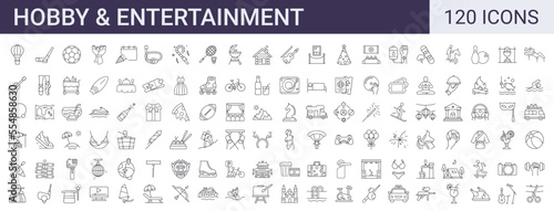 Set of 120 hobby, entertainment, lifestyle line icons. Collection of thin outline icons.Vector illustration. Editable stroke